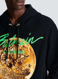Sweat à capuche imprimé planète - Noir & Or & Jade