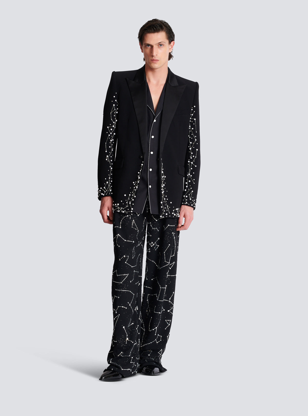 Veste 1 bouton brodée motif constellation  - Noir & Cristal