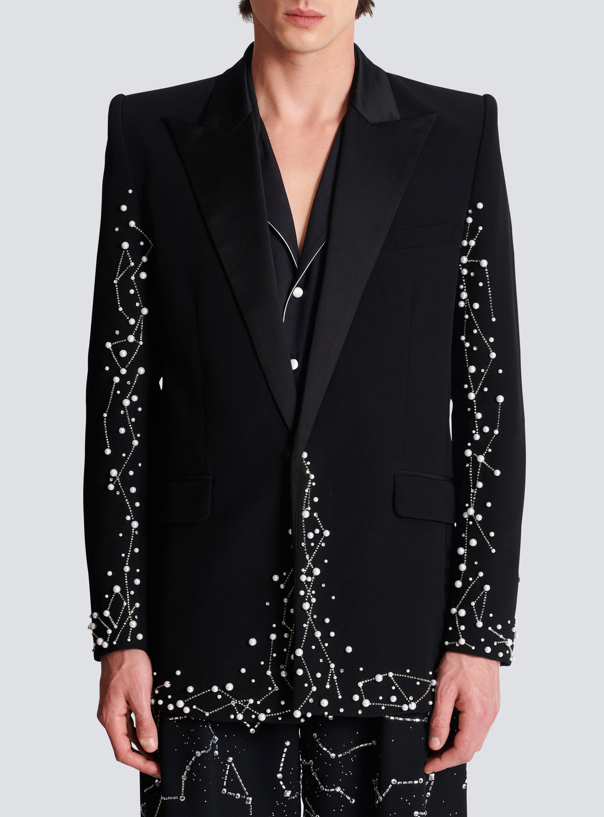 Veste 1 bouton brodée motif constellation  - Noir & Cristal