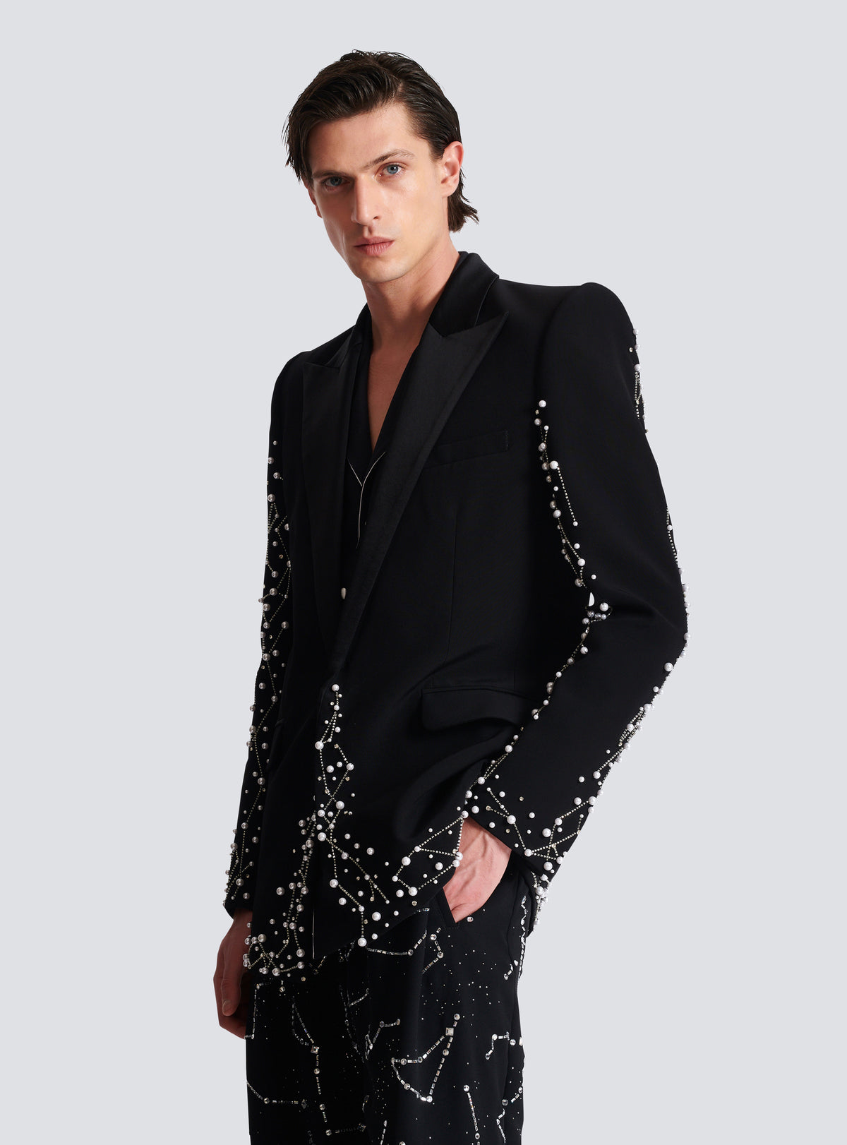 Veste 1 bouton brodée motif constellation  - Noir & Cristal