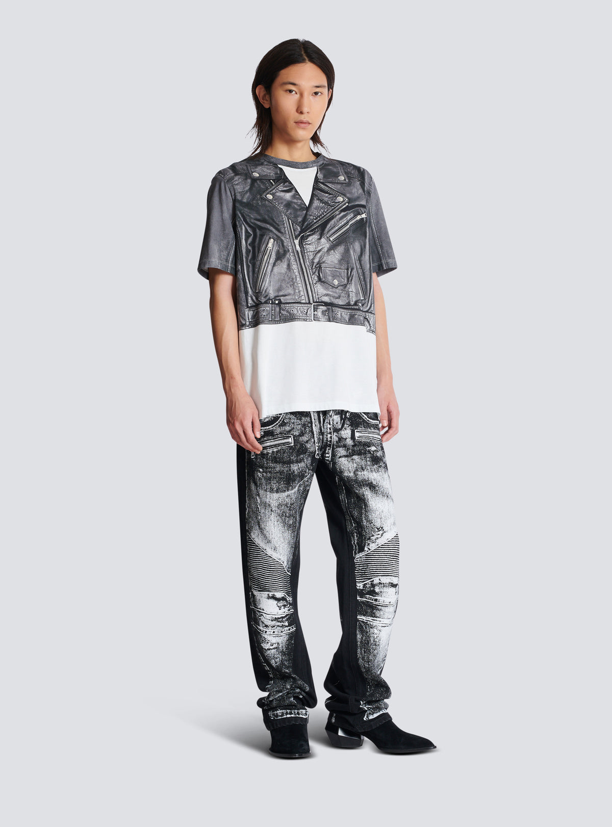T-shirt imprimé trompe-l’œil veste biker - Noir & Blanc
