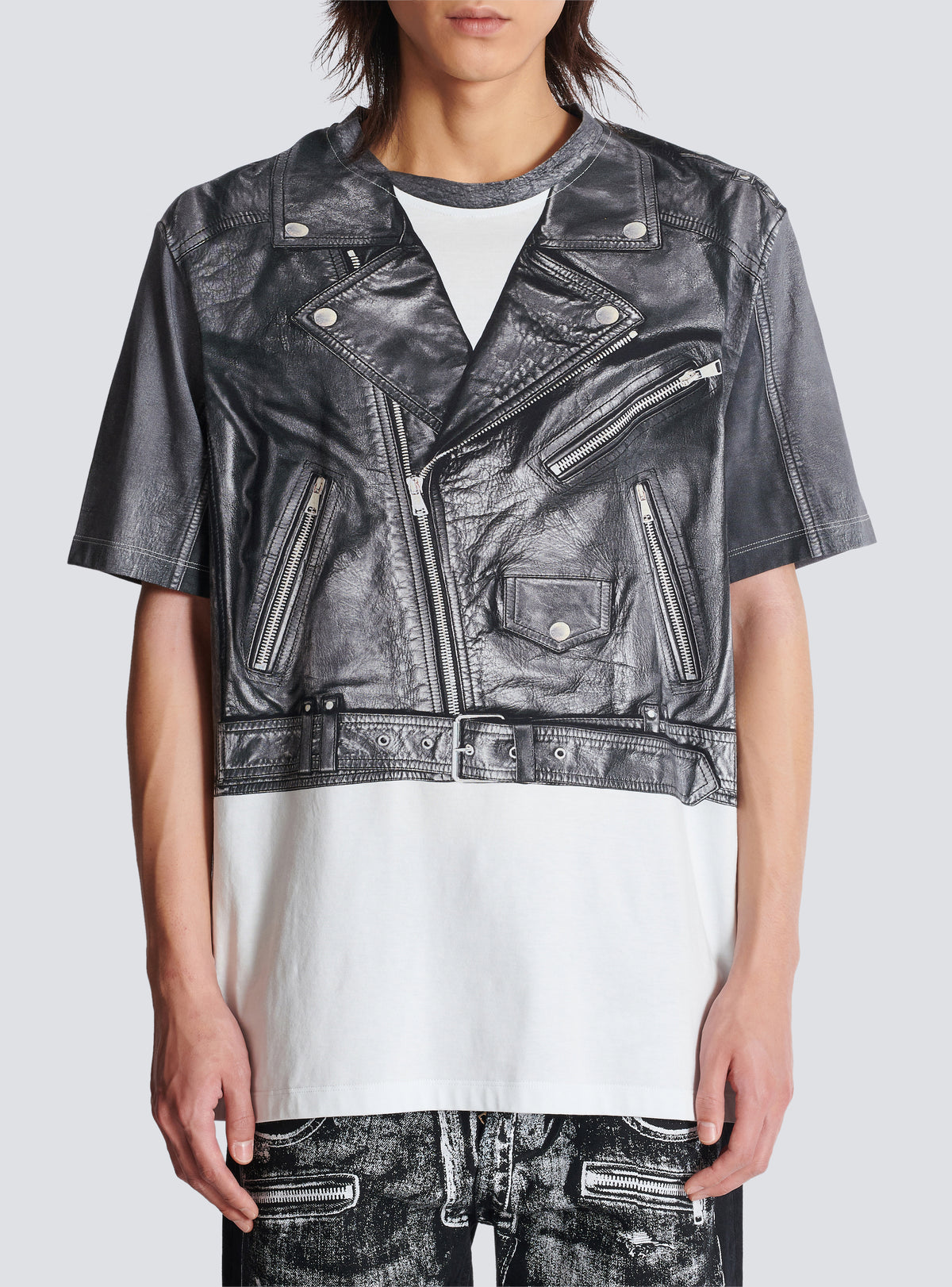 T-shirt imprimé trompe-l’œil veste biker - Noir & Blanc