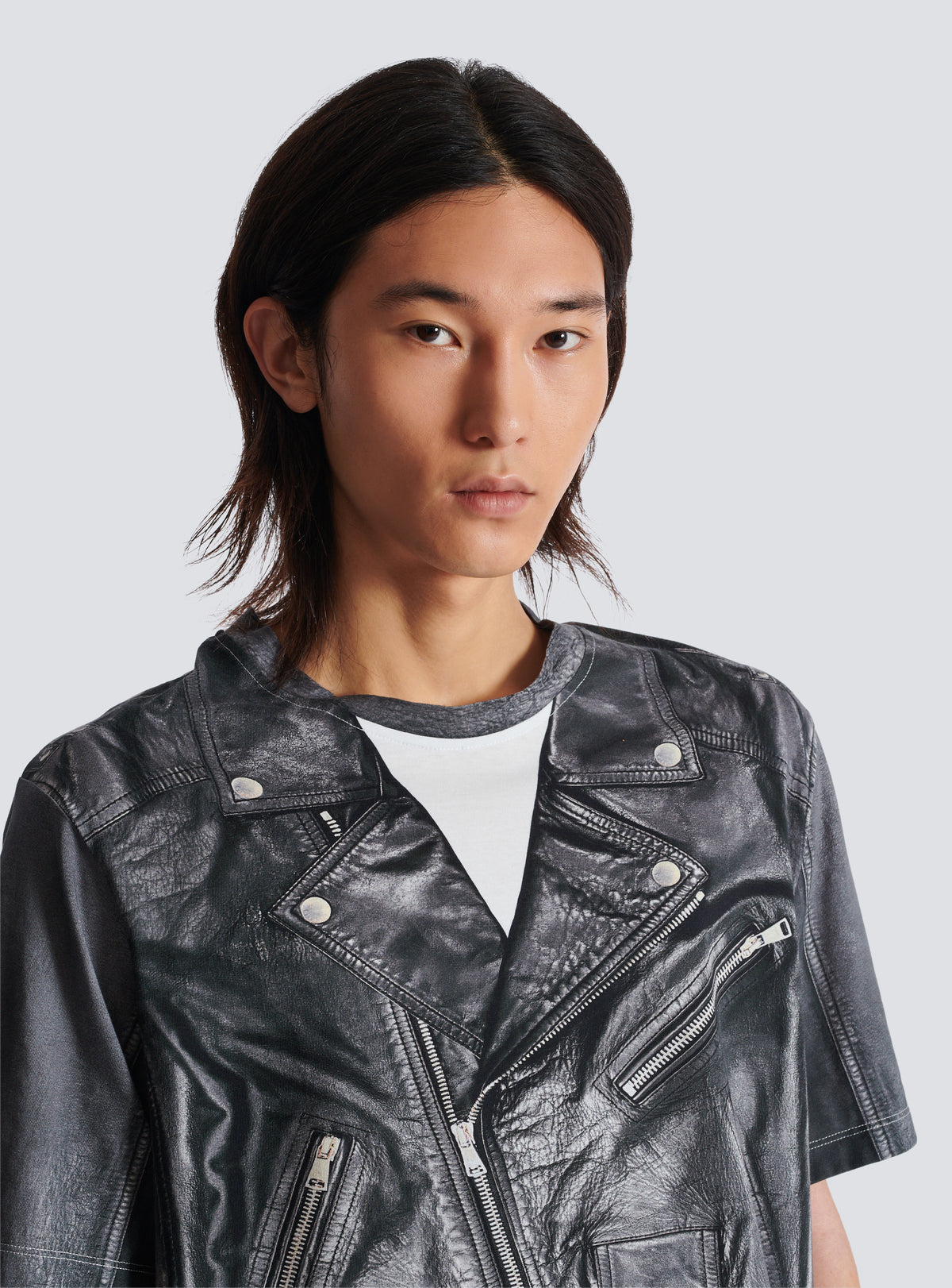 T-shirt imprimé trompe-l’œil veste biker - Noir & Blanc
