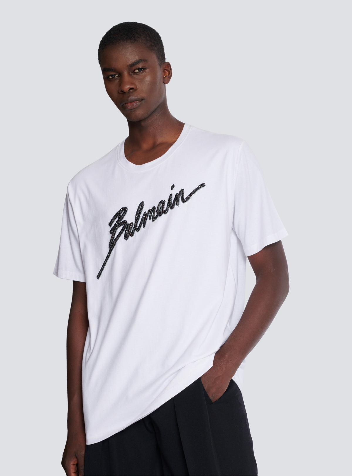 T-shirt brodé balmain lettre   - Blanc & Noir