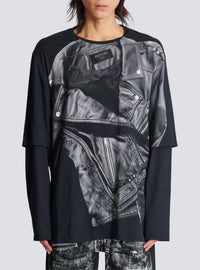 T-shirt à manches longues imprimé trompe-l’œil veste biker - Noir