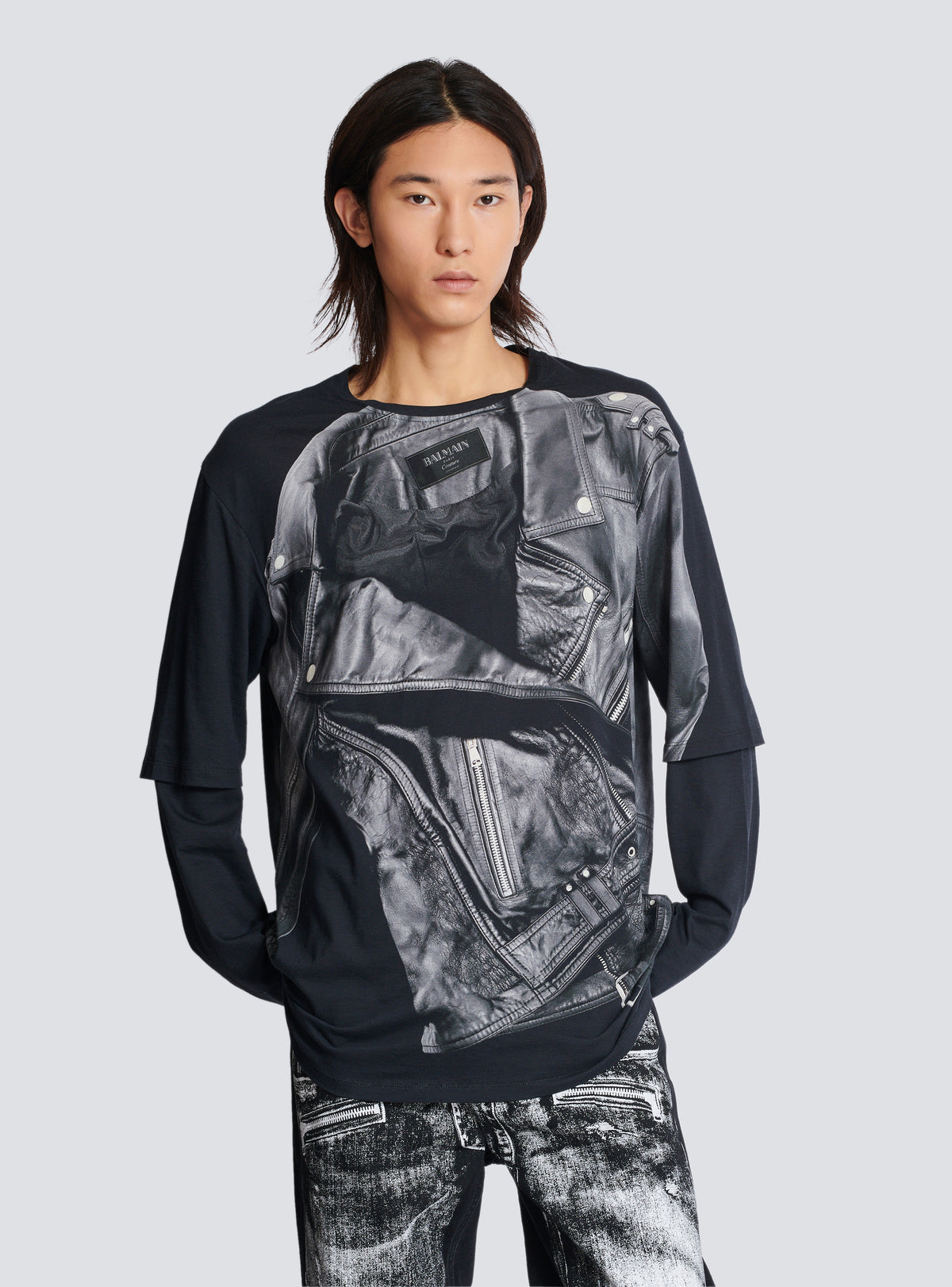 T-shirt à manches longues imprimé trompe-l’œil veste biker - Noir