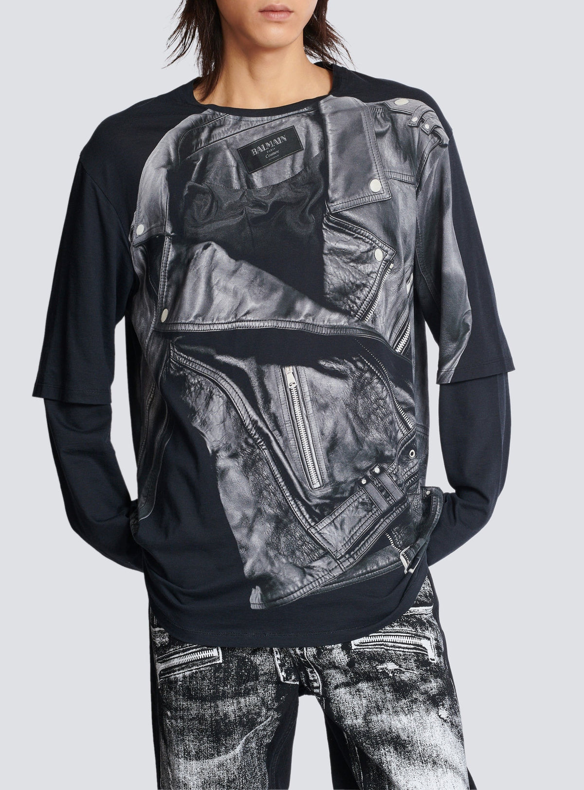T-shirt à manches longues imprimé veste biker - Noir