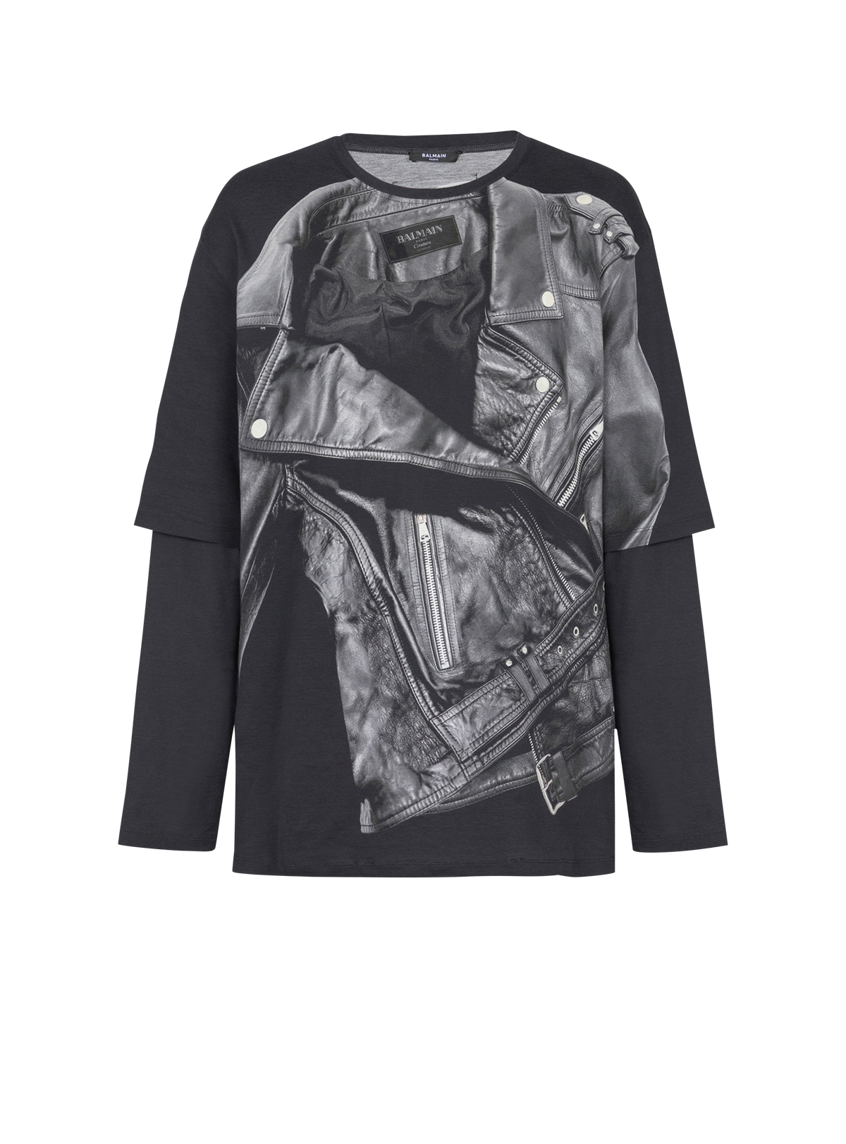 T-shirt à manches longues imprimé trompe-l’œil veste biker - Noir