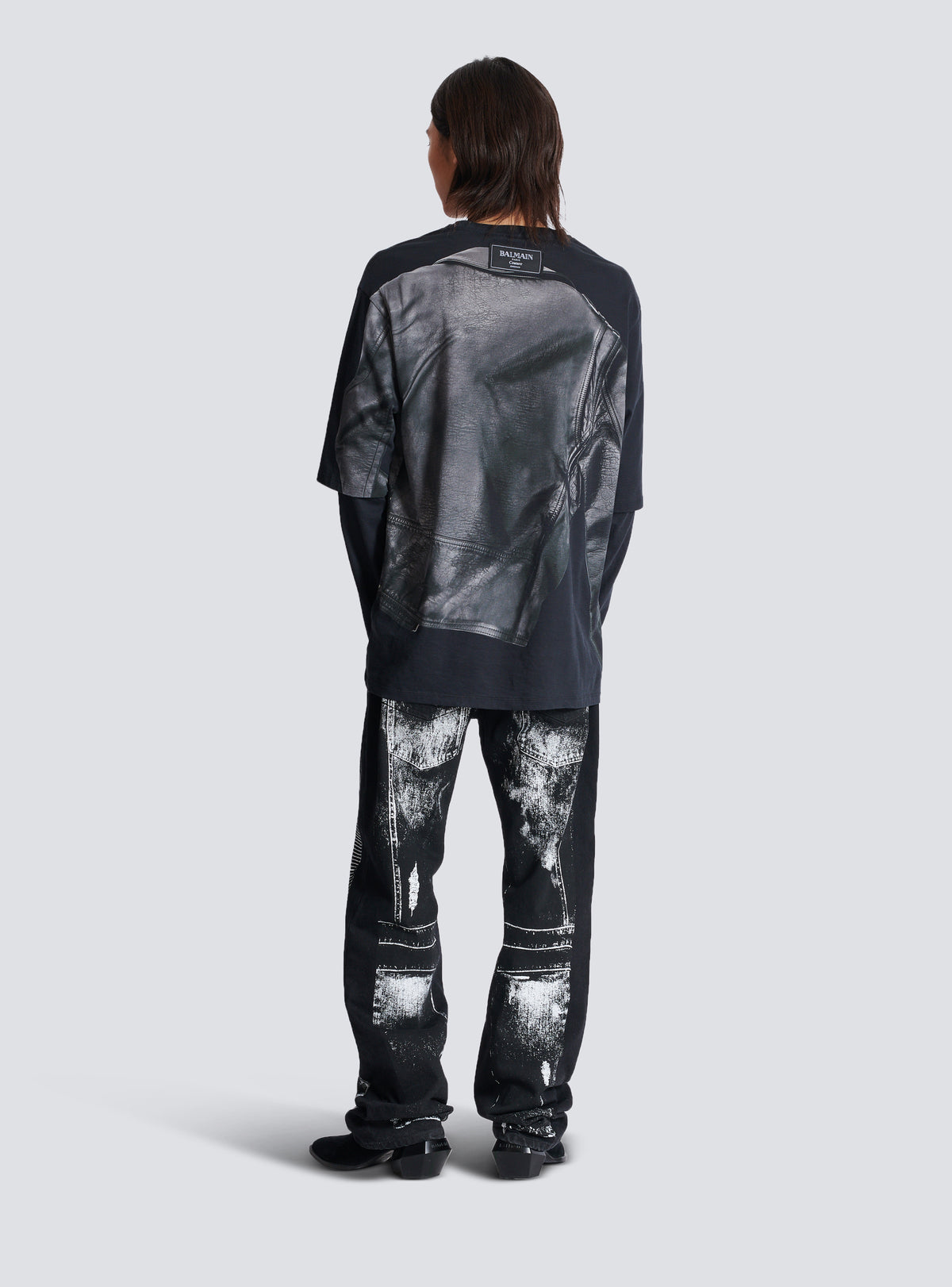 T-shirt à manches longues imprimé trompe-l’œil veste biker - Noir