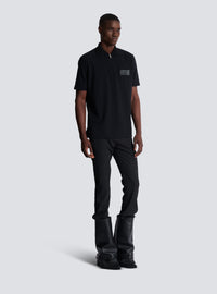 Polo en coton avec étiquette balmain couture en cuir - Noir