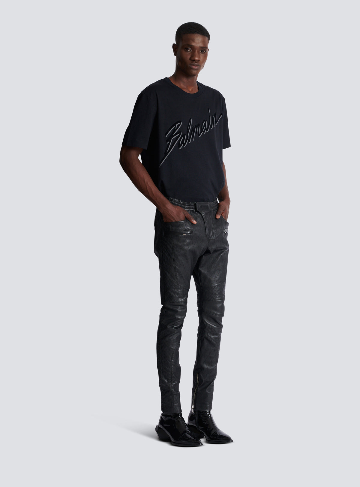 Pantalon biker en cuir matelassé - Noir