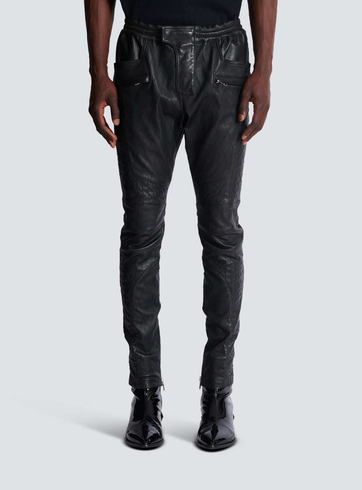 Pantalon biker en cuir matelassé - Noir