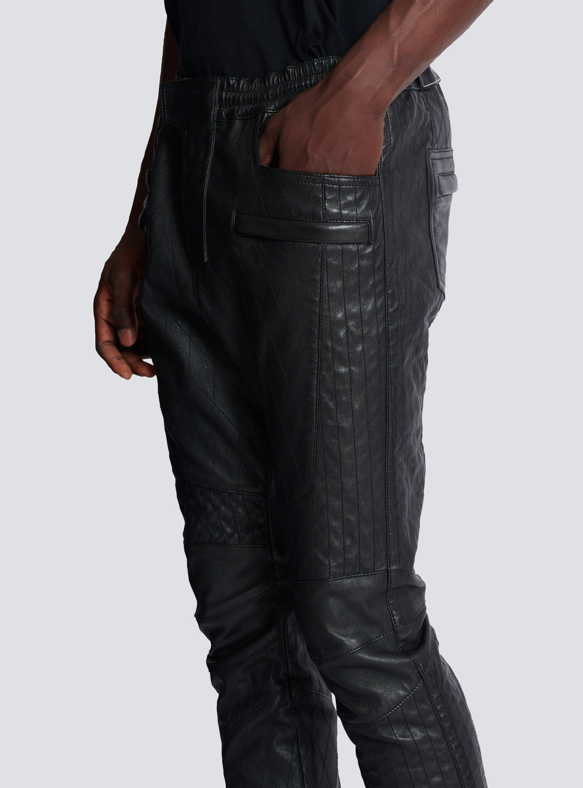 Pantalon biker en cuir matelassé - Noir
