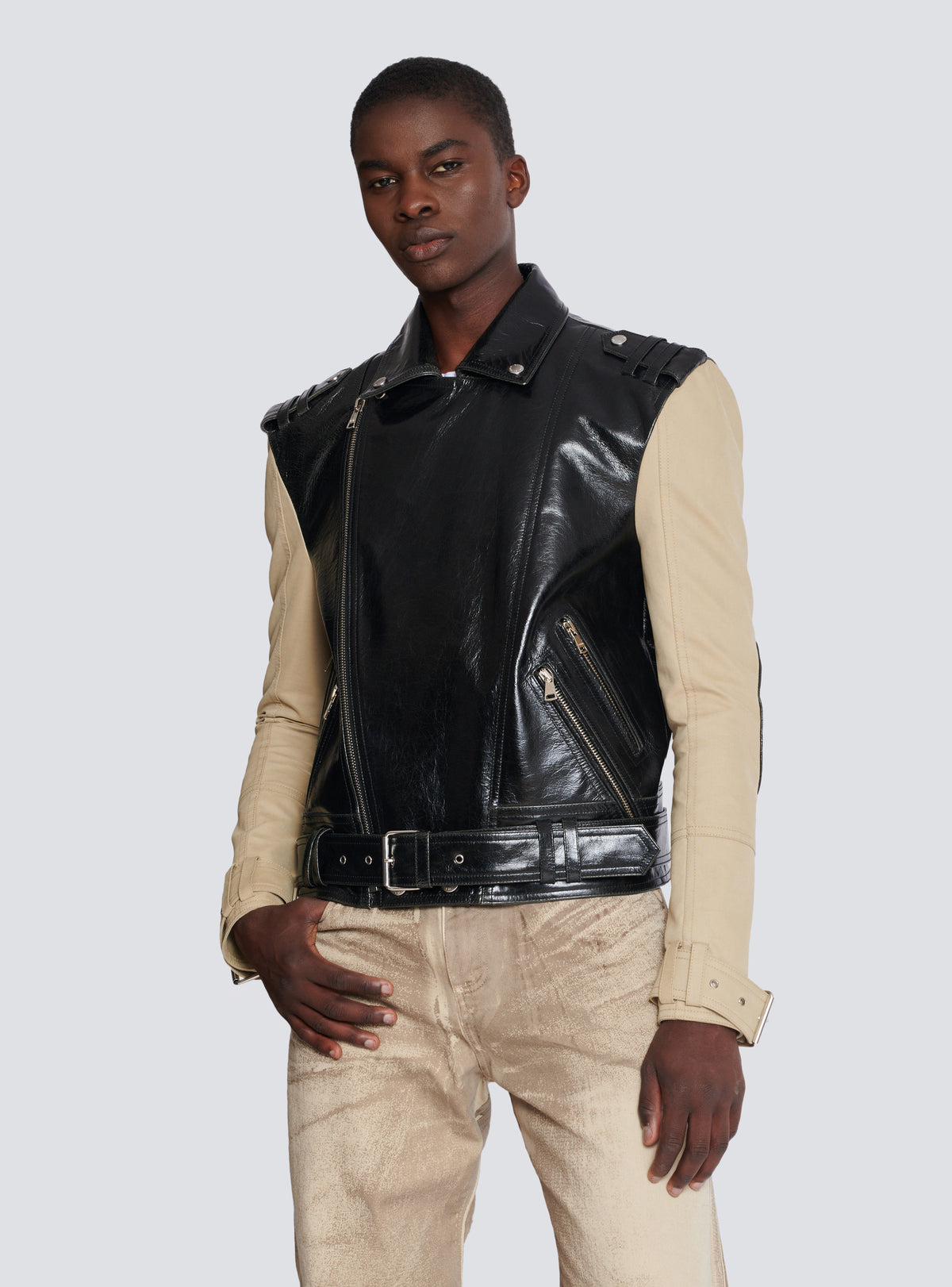 Veste biker bi-matière en cuir et coton - Noir
