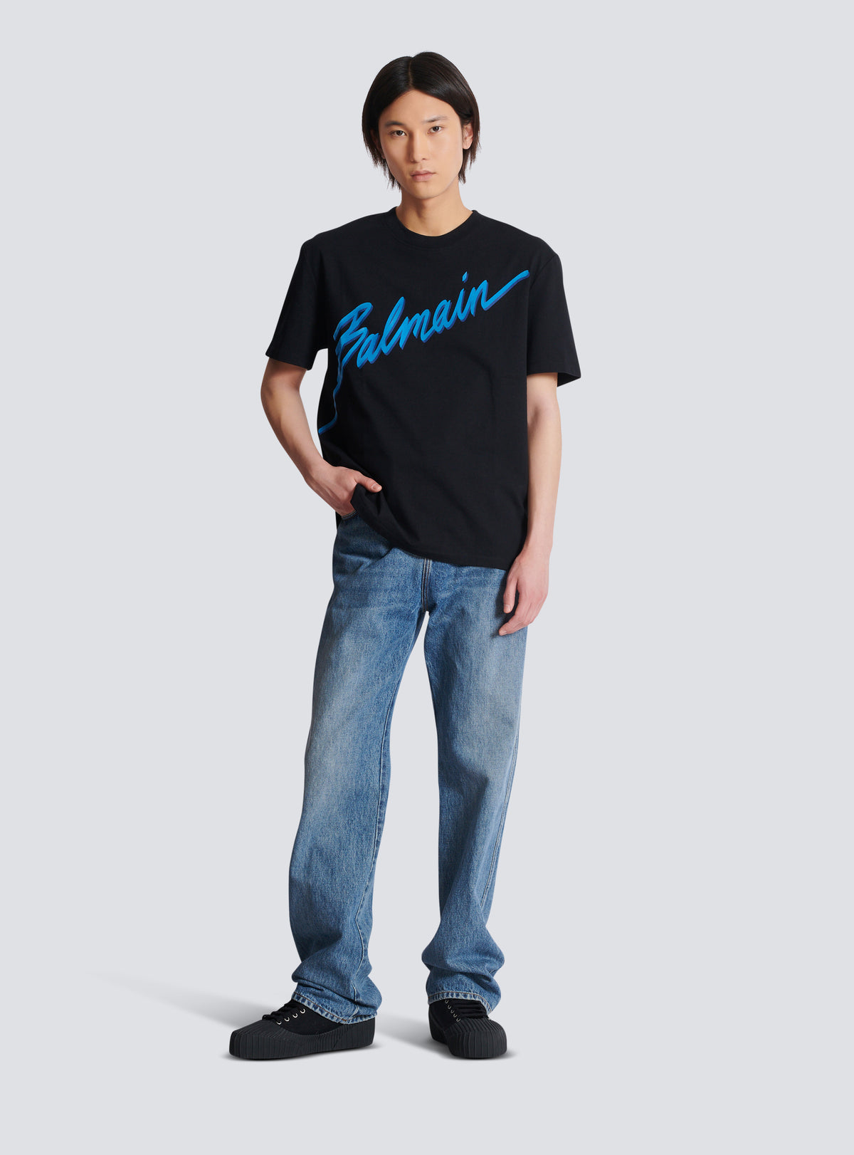 T-shirt floqué balmain lettre - Noir & Bleu
