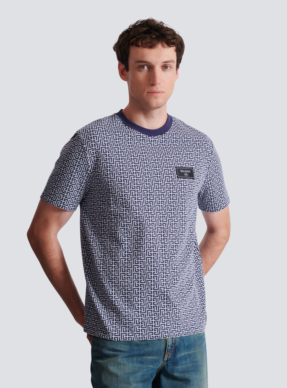 T-shirt monogrammé à étiquette balmain couture - Bleu Pâle & Bleu Marine