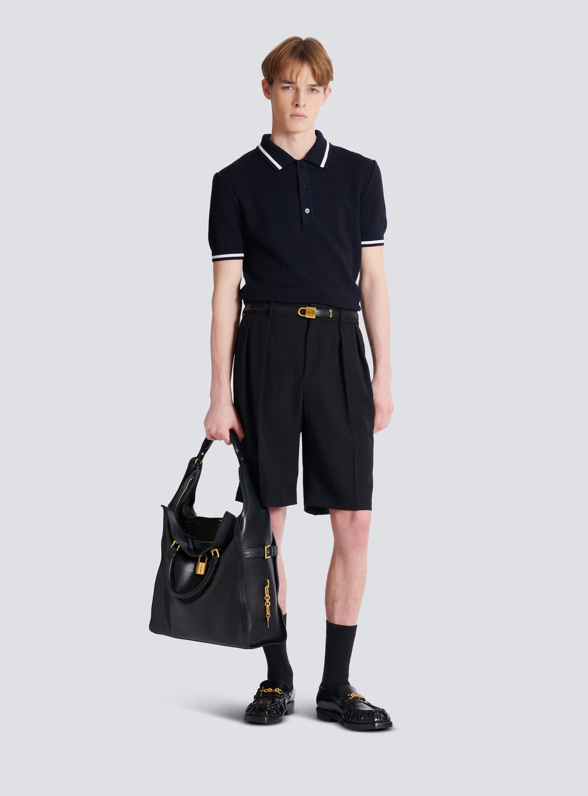 Polo en laine mérinos monogrammée - Noir & Marine