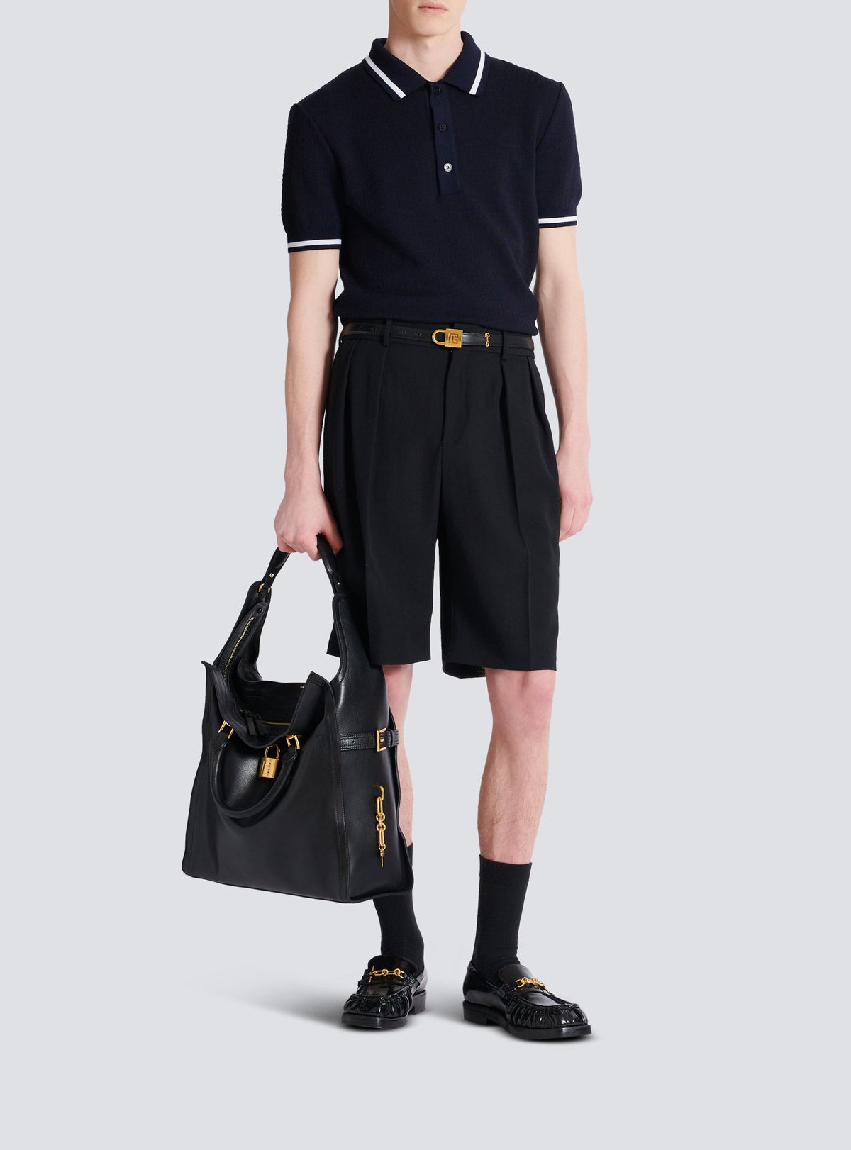 Polo à manches courtes en laine - Noir & Marine