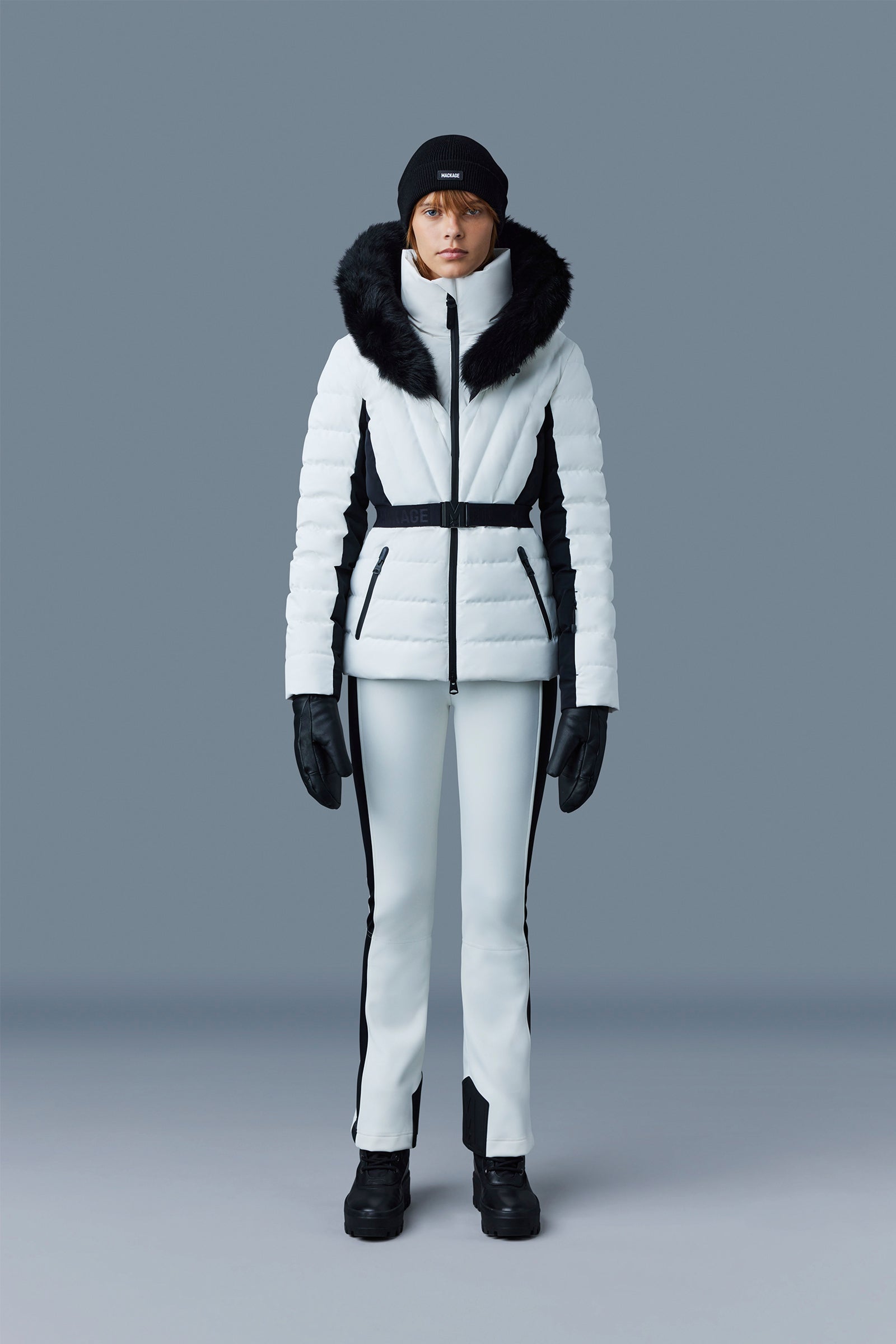 Doudoune de ski courte Elita à capuche fourrée - Off White