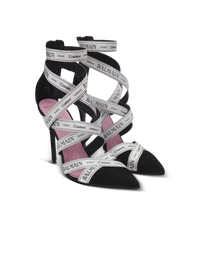 Sandales couture en cuir suédé à motif ruban balmain - Noir & Ivoire