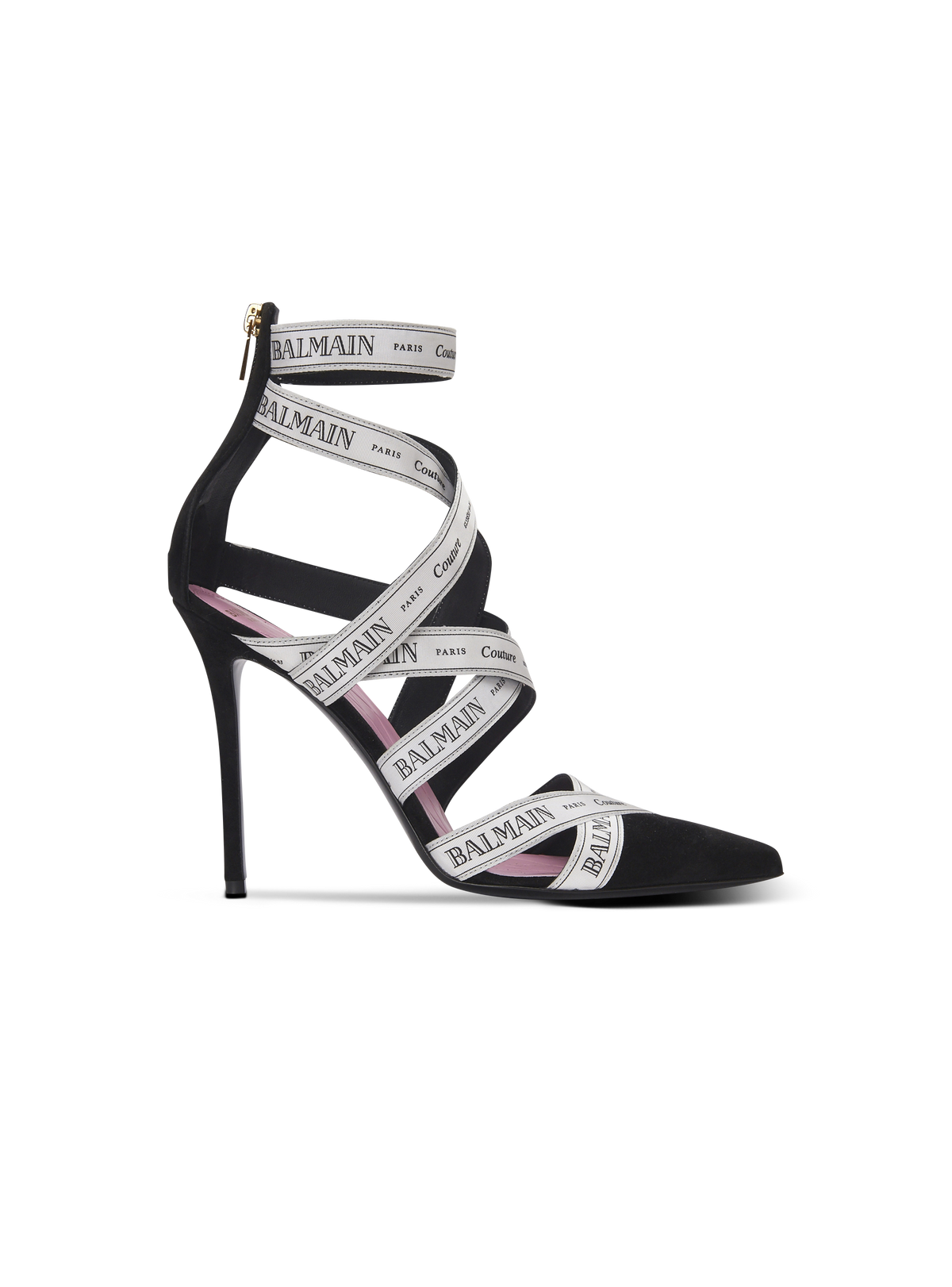 Sandales couture en cuir suédé à motif ruban balmain - Noir & Ivoire