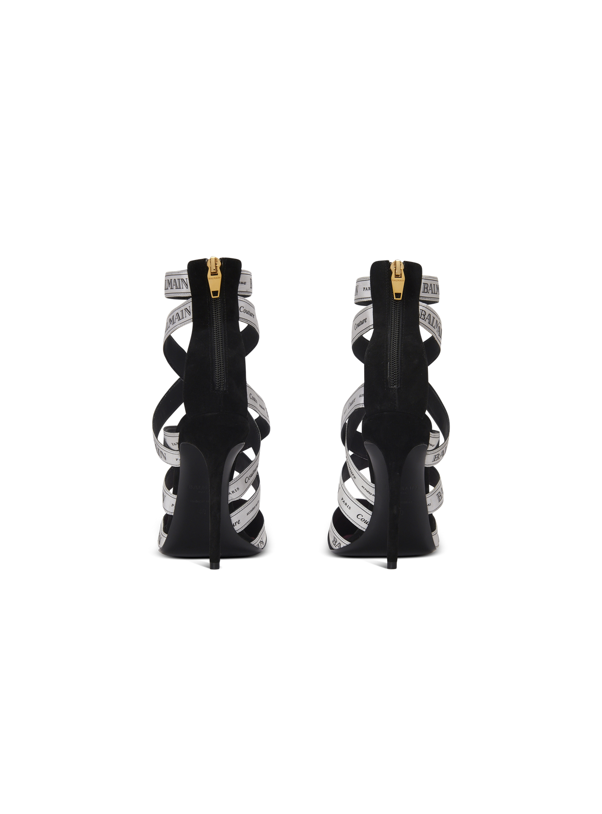 Sandales couture en cuir suédé à motif ruban balmain - Noir & Ivoire