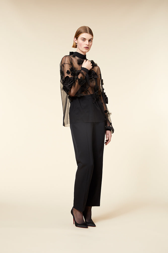 Black / FLORAL LONG SLEEVE TOP