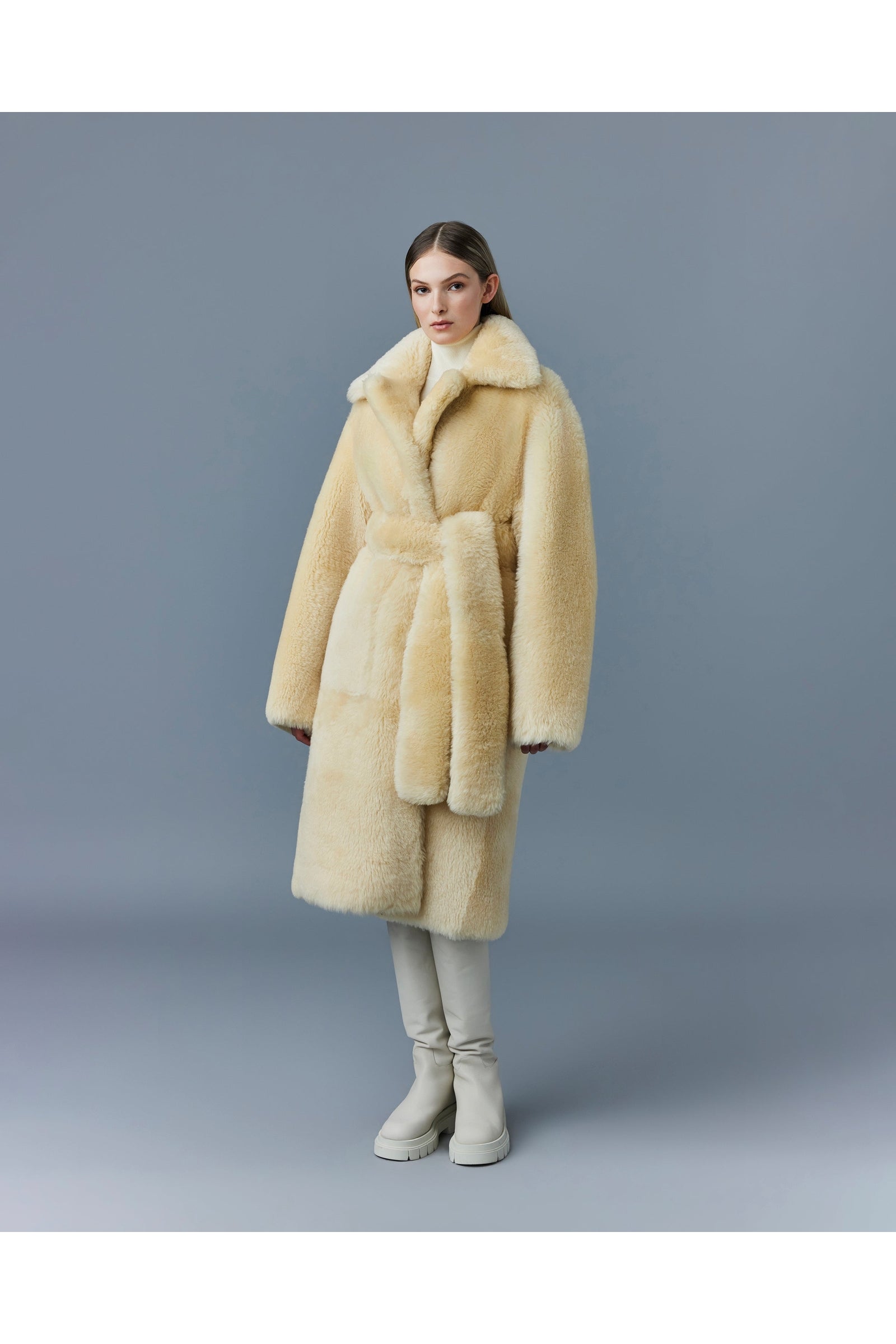 Etienne mid-length coat with fur belt - Ceramic