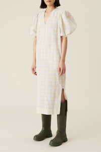 Mid-length V-neck dress with fabric check - Multicolour