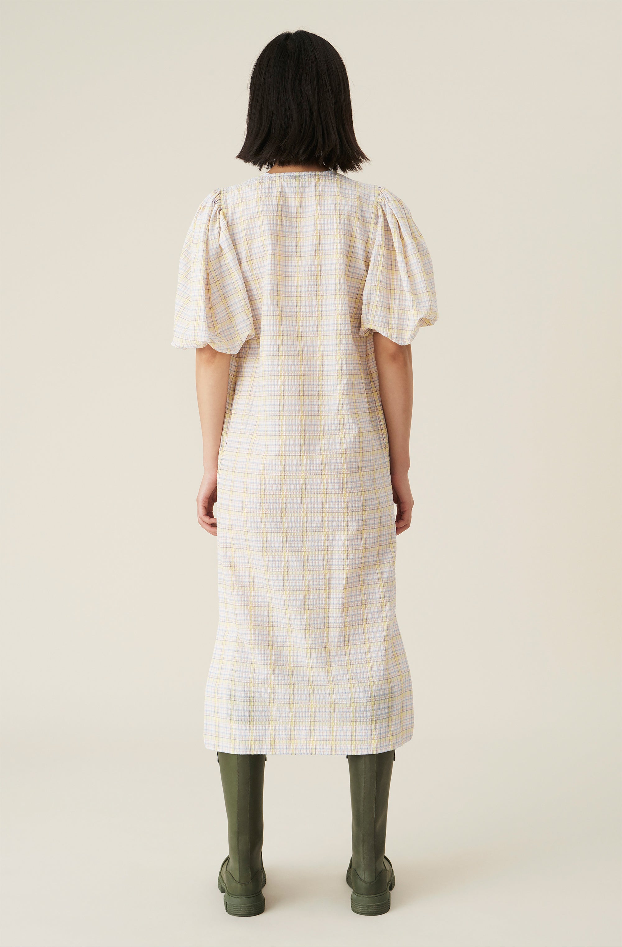 Robe mi longue à col V et carreaux en tissu - Multicolour