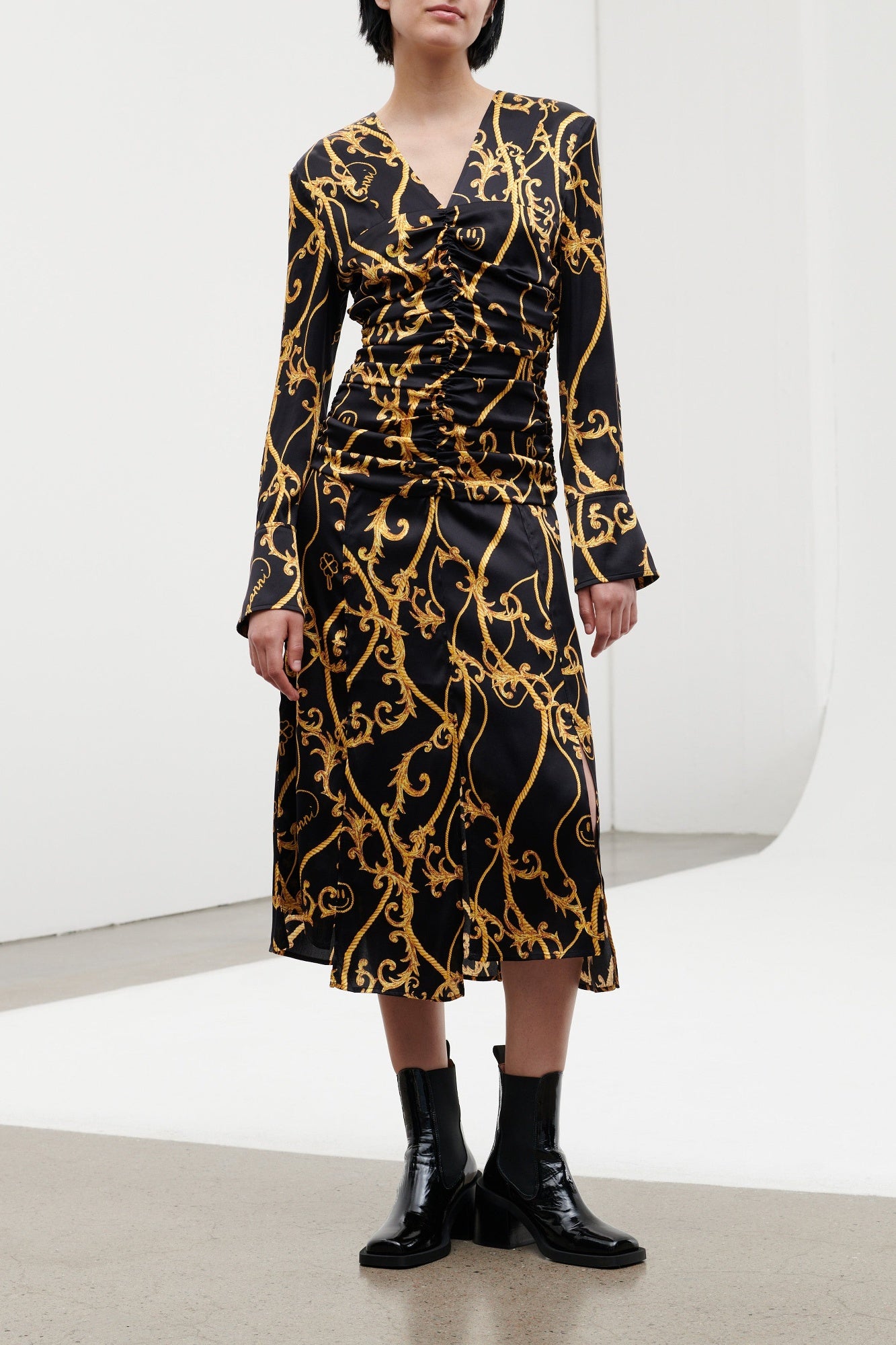 Gathered silk midi dress - Black