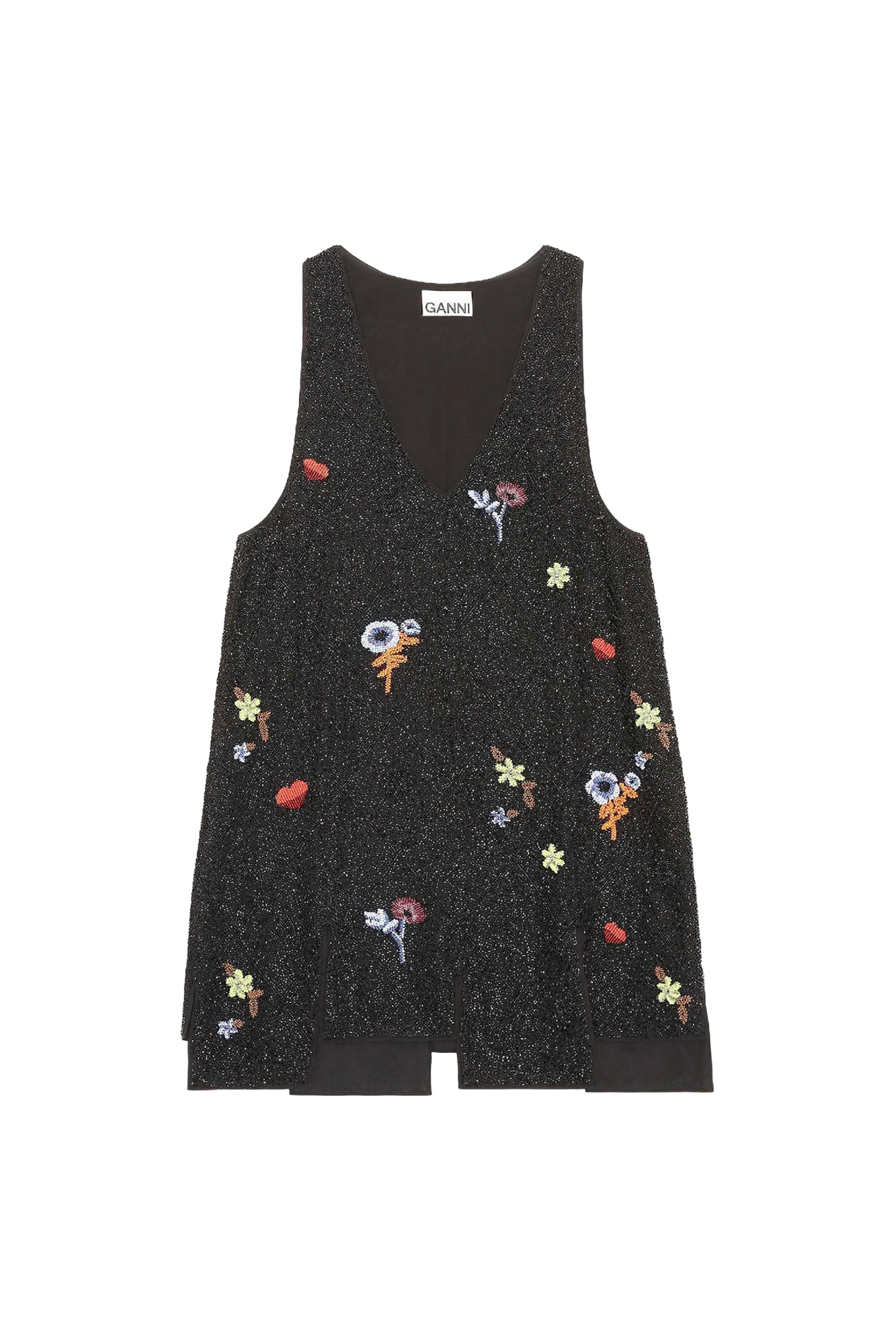 Robe courte à col en V et perles - Black