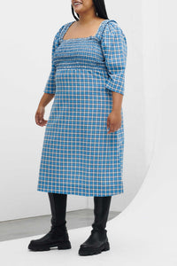 Ruched crepe midi dress - Check Azure Blue