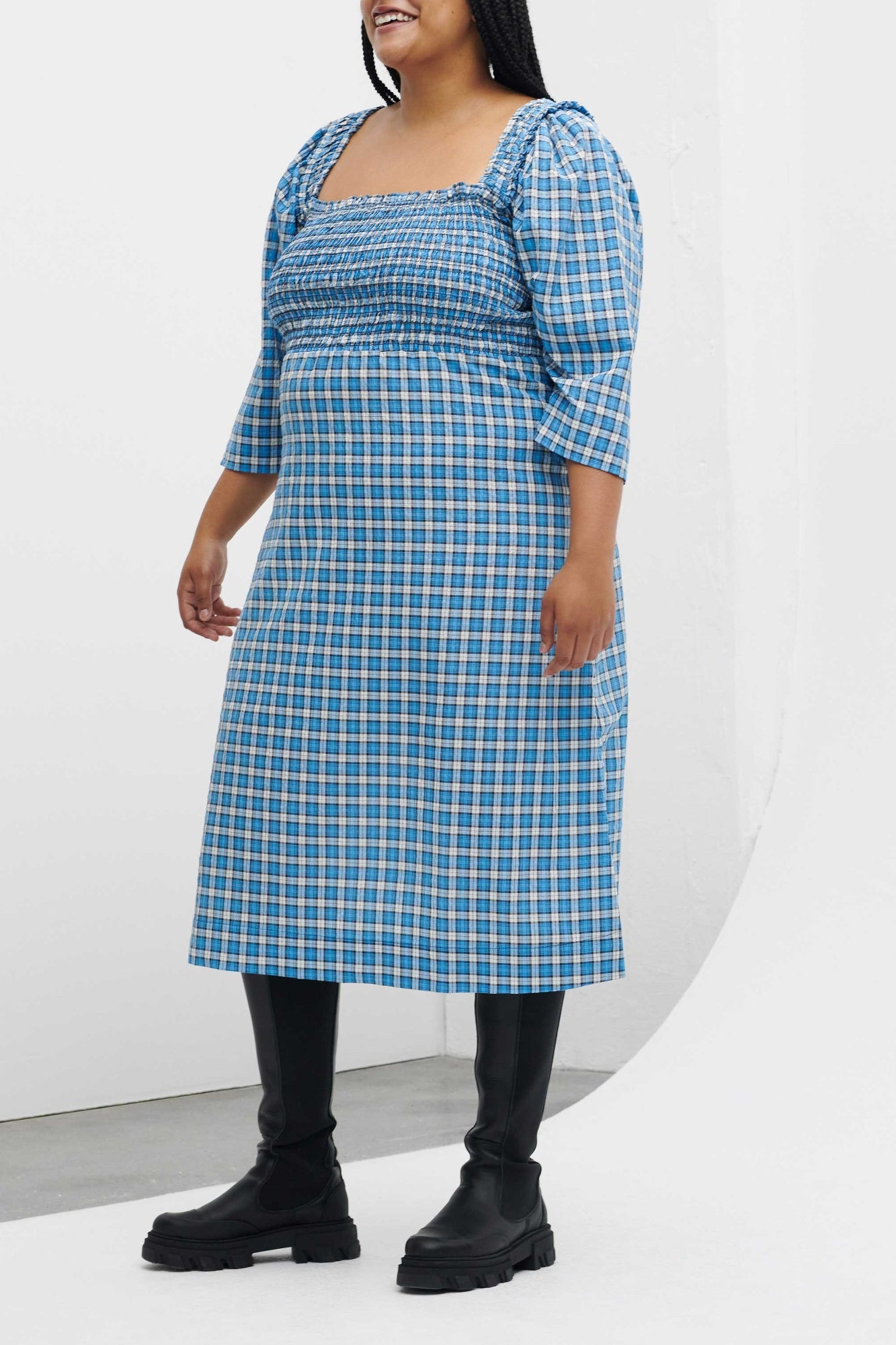 Ruched crepe midi dress - Check Azure Blue