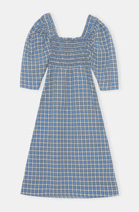 Robe midi froncée en crêpe - Check Azure Blue