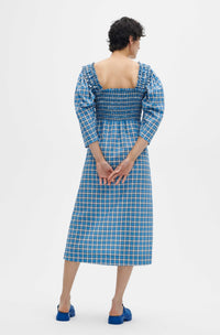Robe midi froncée en crêpe - Check Azure Blue