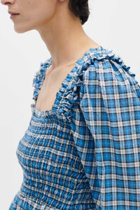 Ruched crepe midi dress - Check Azure Blue
