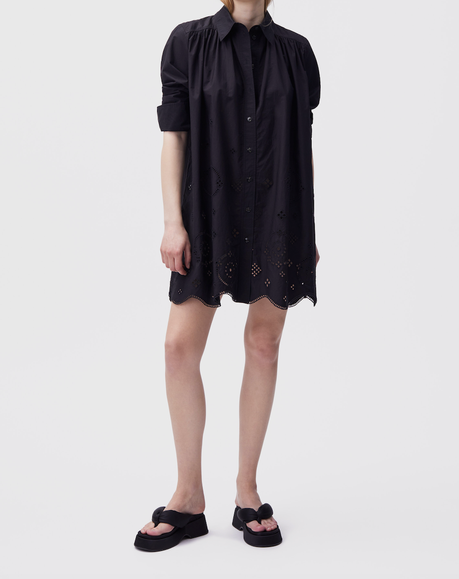 Robe courte chemise large en broderie anglaise - Black