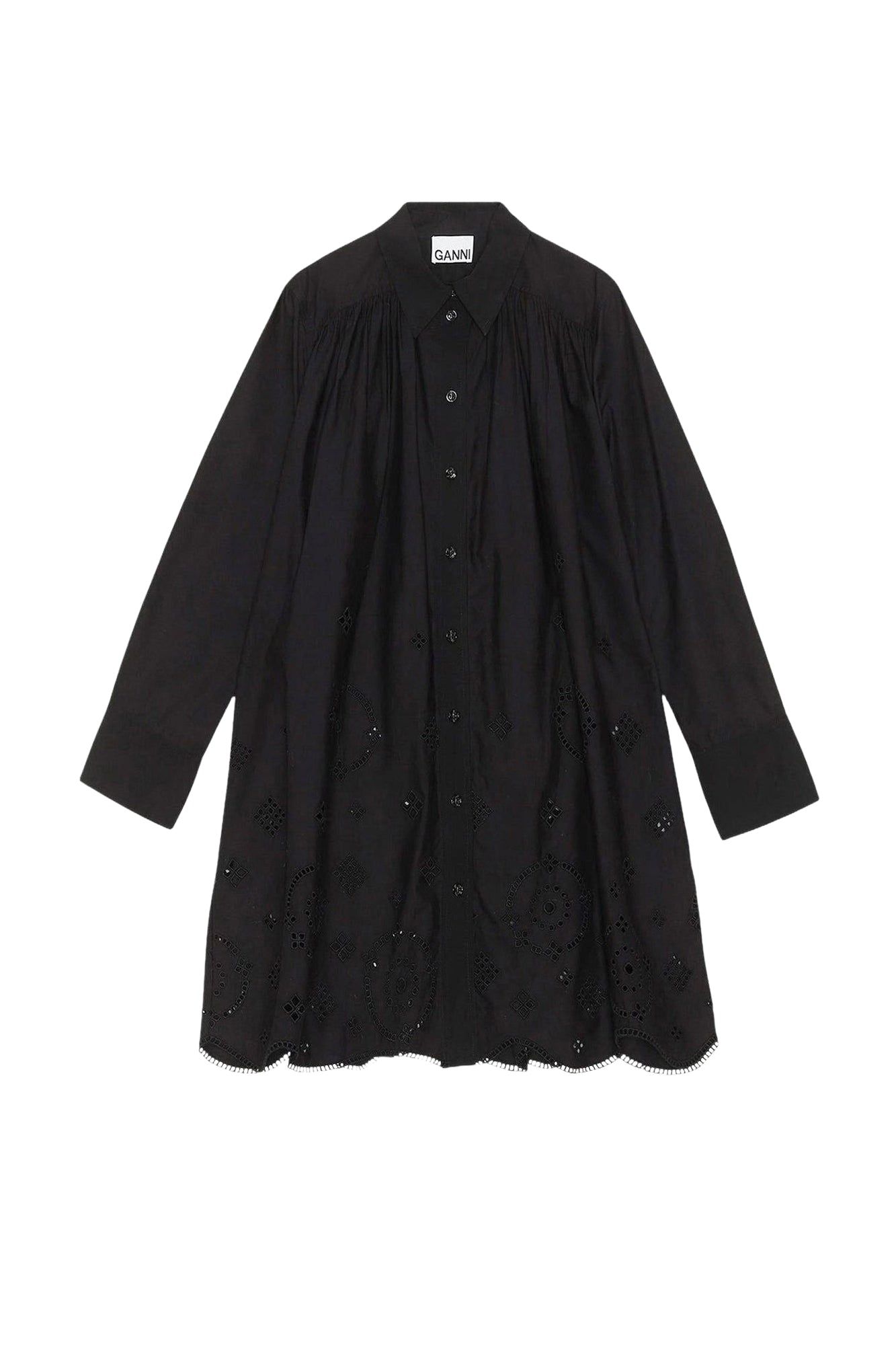 Wide shirt short dress in broderie anglaise - Black