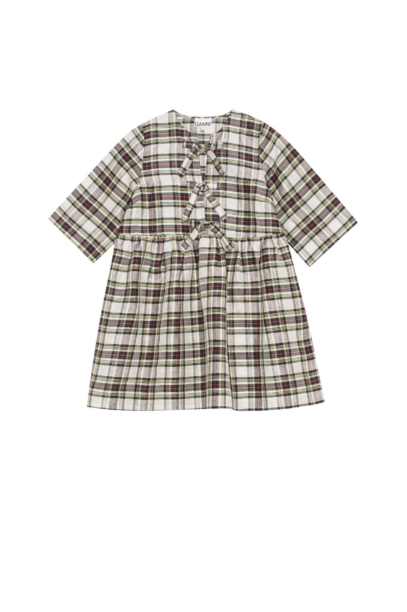 Robe courte à carreaux avec rubans en lin et soie - Check Egret