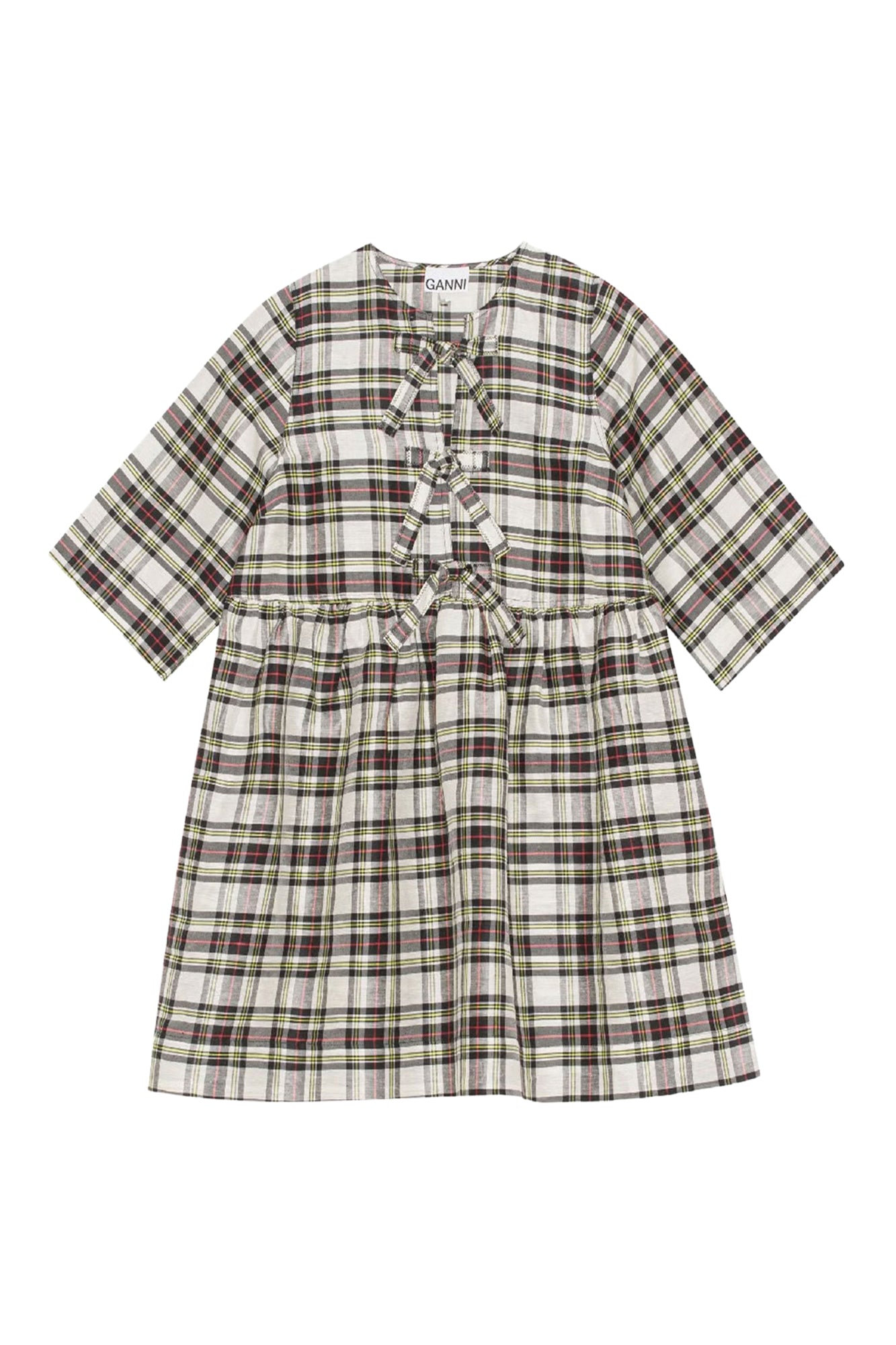 Robe courte à carreaux avec rubans en lin et soie - Check Egret