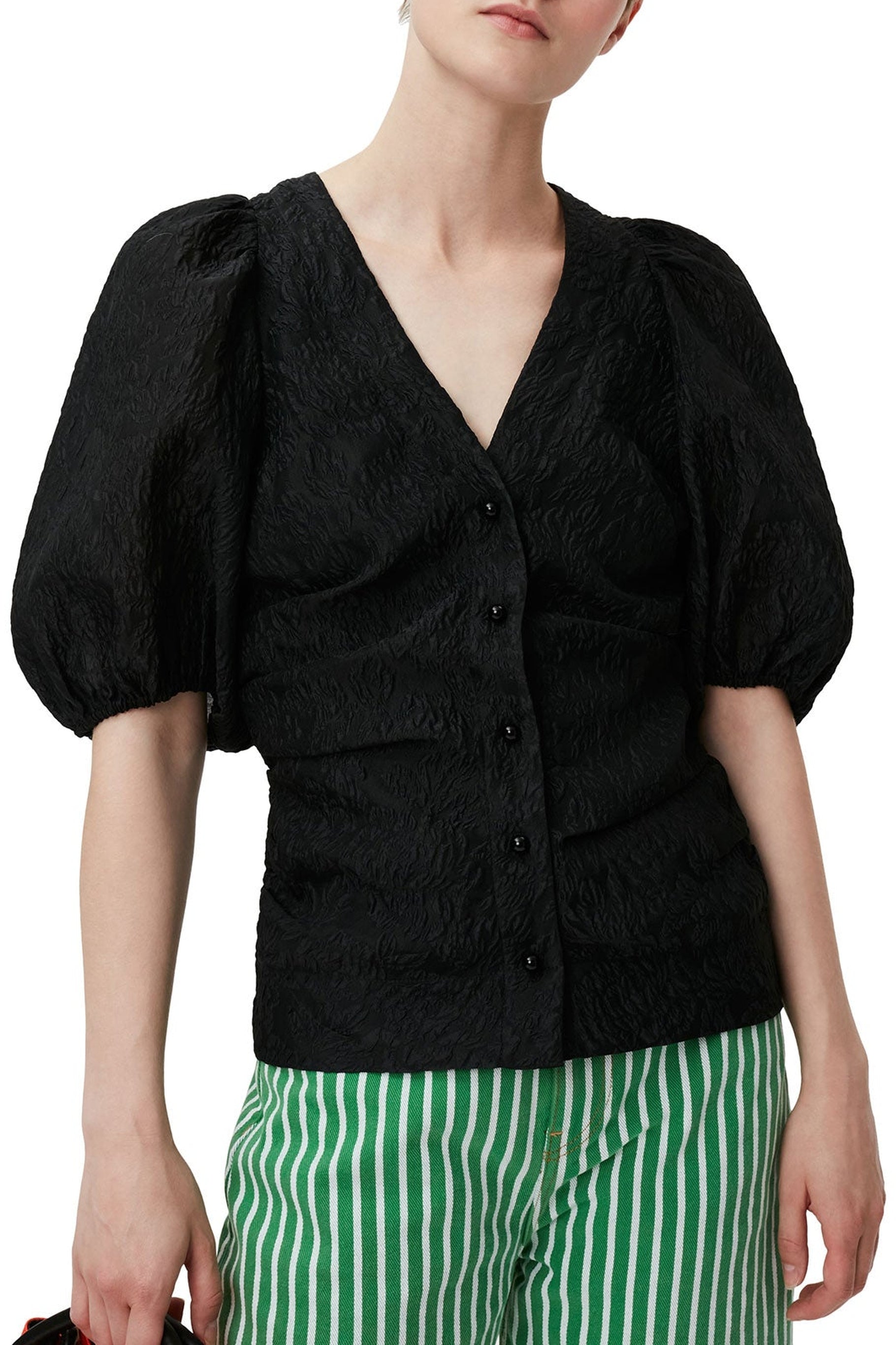 Blouse à col V en jacquard - Black