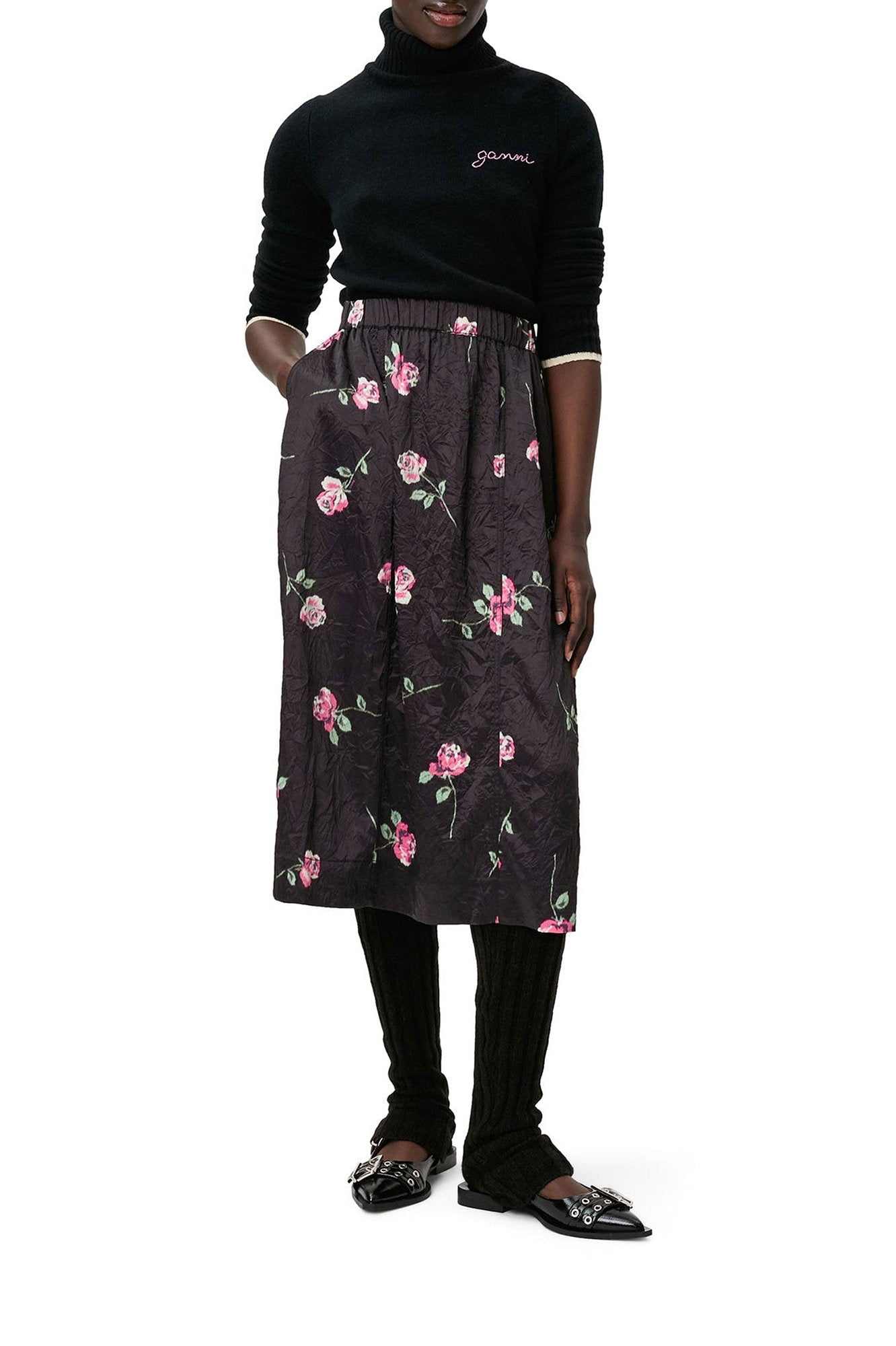Jupe longue élastiquée fluide en satin - Black