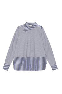 Asymmetric striped collar blouse - Gray Blue