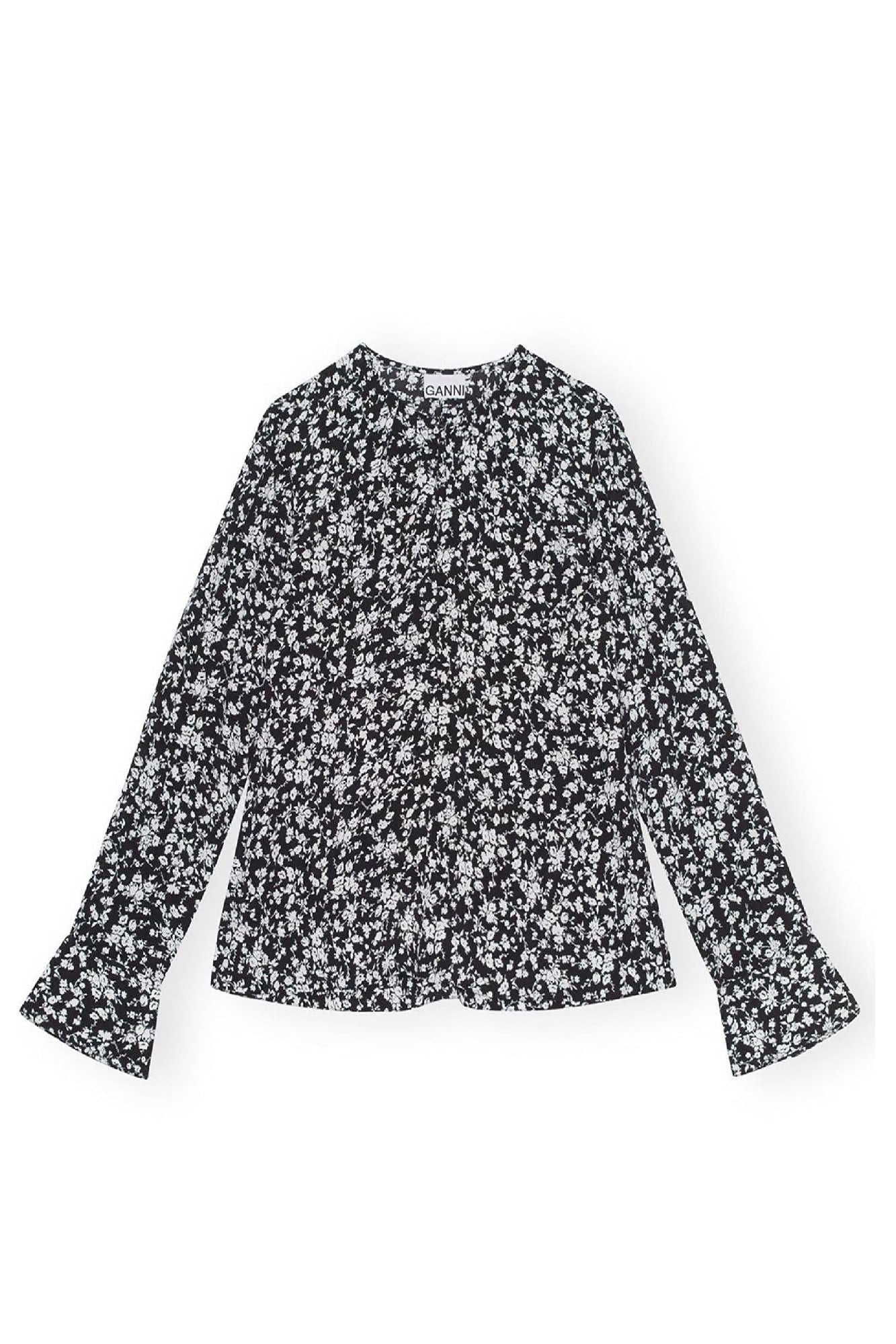 Blouse à col rond en crêpe imprimé - Black