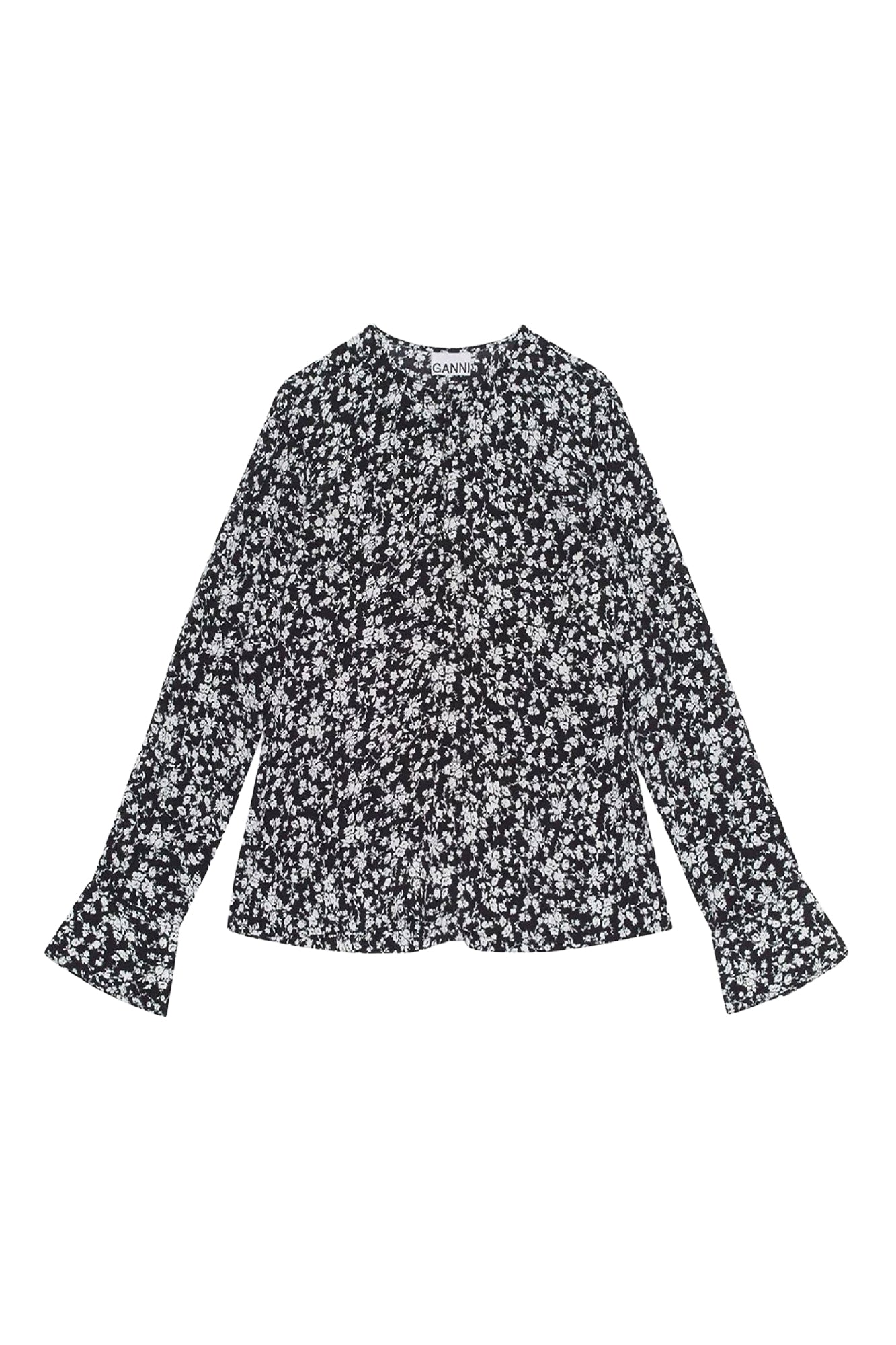 Printed crepe round-neck blouse - Black