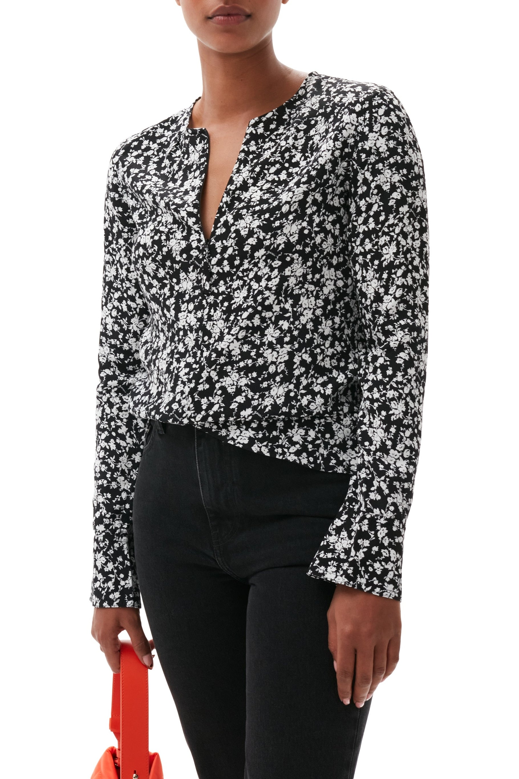 Blouse à col rond en crêpe imprimé - Black