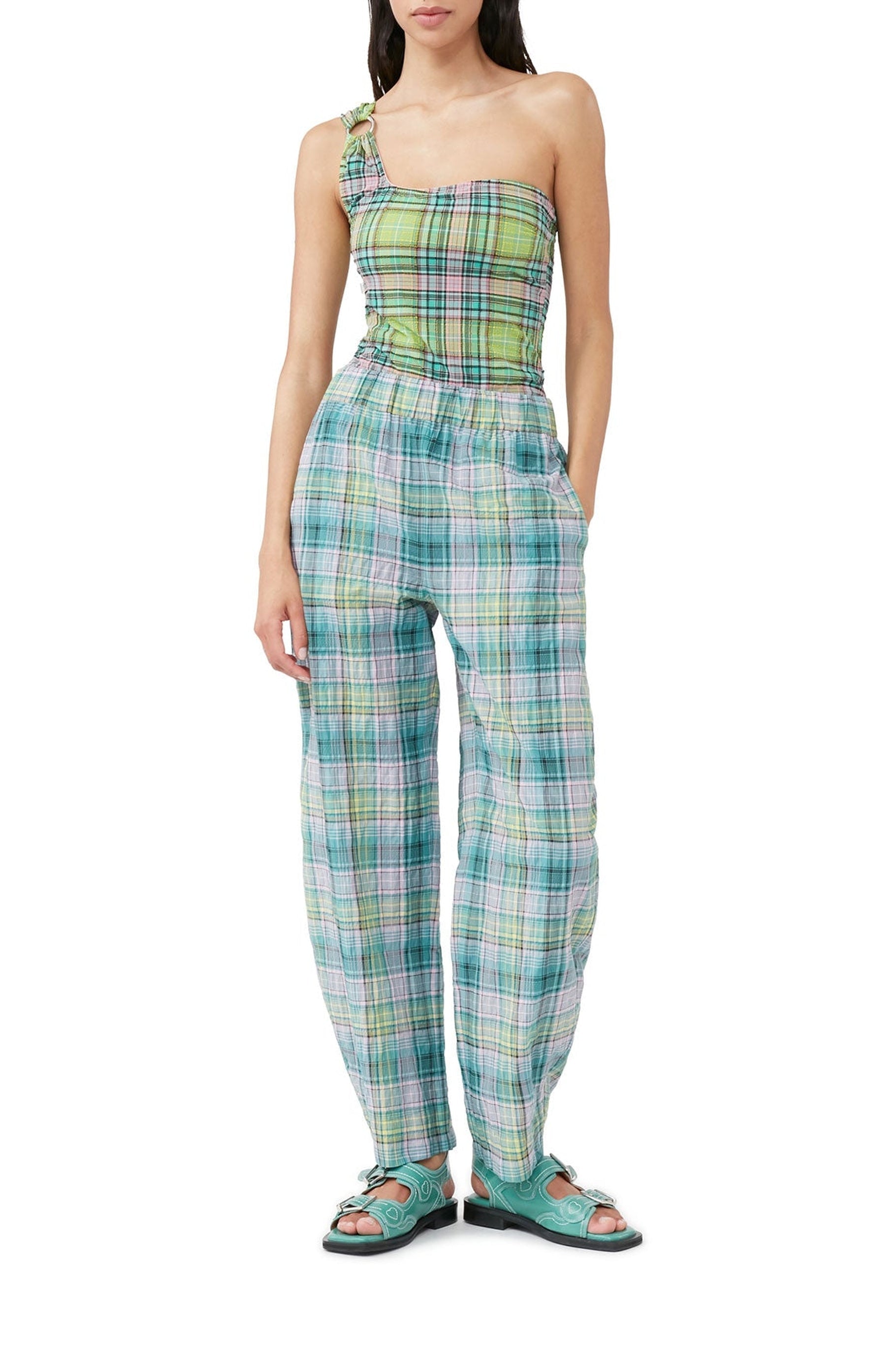 Pantalon élastique à carreaux en crêpe - Lagoon
