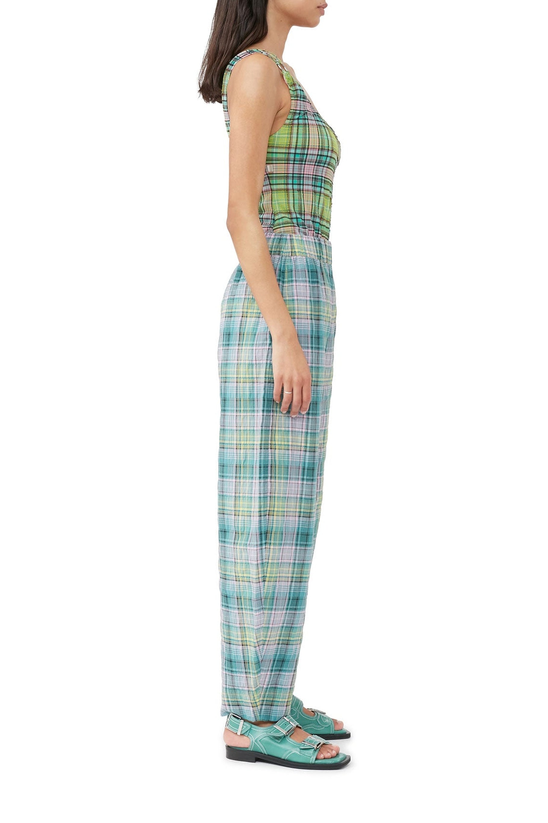 Pantalon élastique à carreaux en crêpe - Lagoon