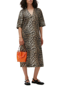 Loose-fit midi dress in printed cotton - Leopard Almond Milk
